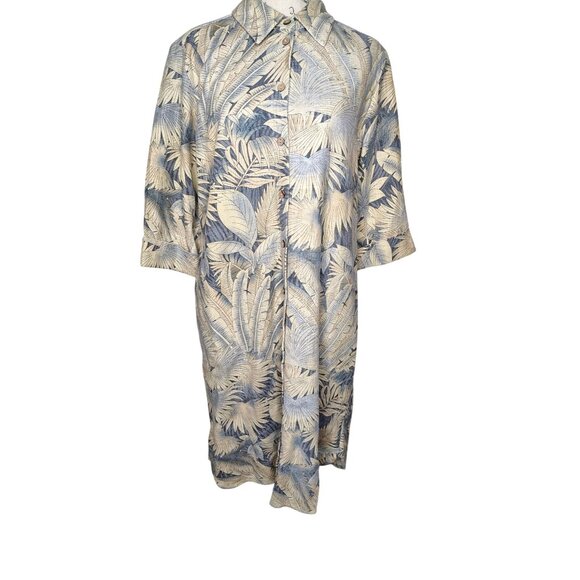 Soft Surroundings Medium Flora Linen Blend Shirt Dress Tropical Muted Palm Vacay - Picture 2 of 5